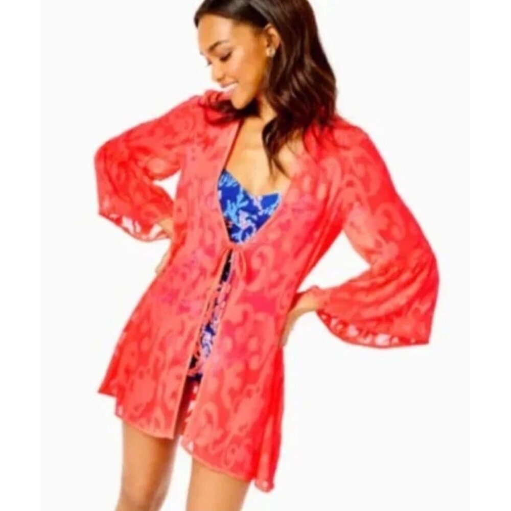 Lilly Pulitzer Motley Cover Up in Spicy Coral Size XS Paisley Bell Sleeve Tie